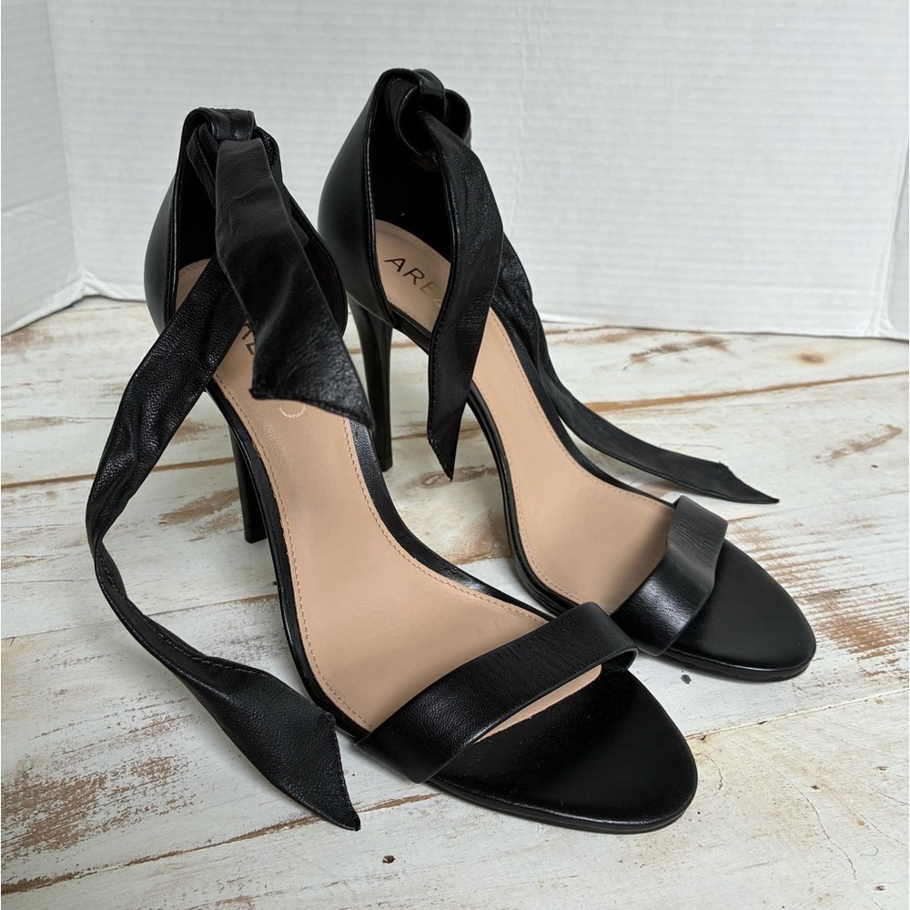 AREZZO black stiletto heels Brazilian leather ankle tie open toe sexy sz 38 NWOB